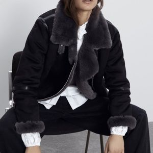 Zara Double Faced Faux Fur Shearling Aviator Grey Black Jacket XS